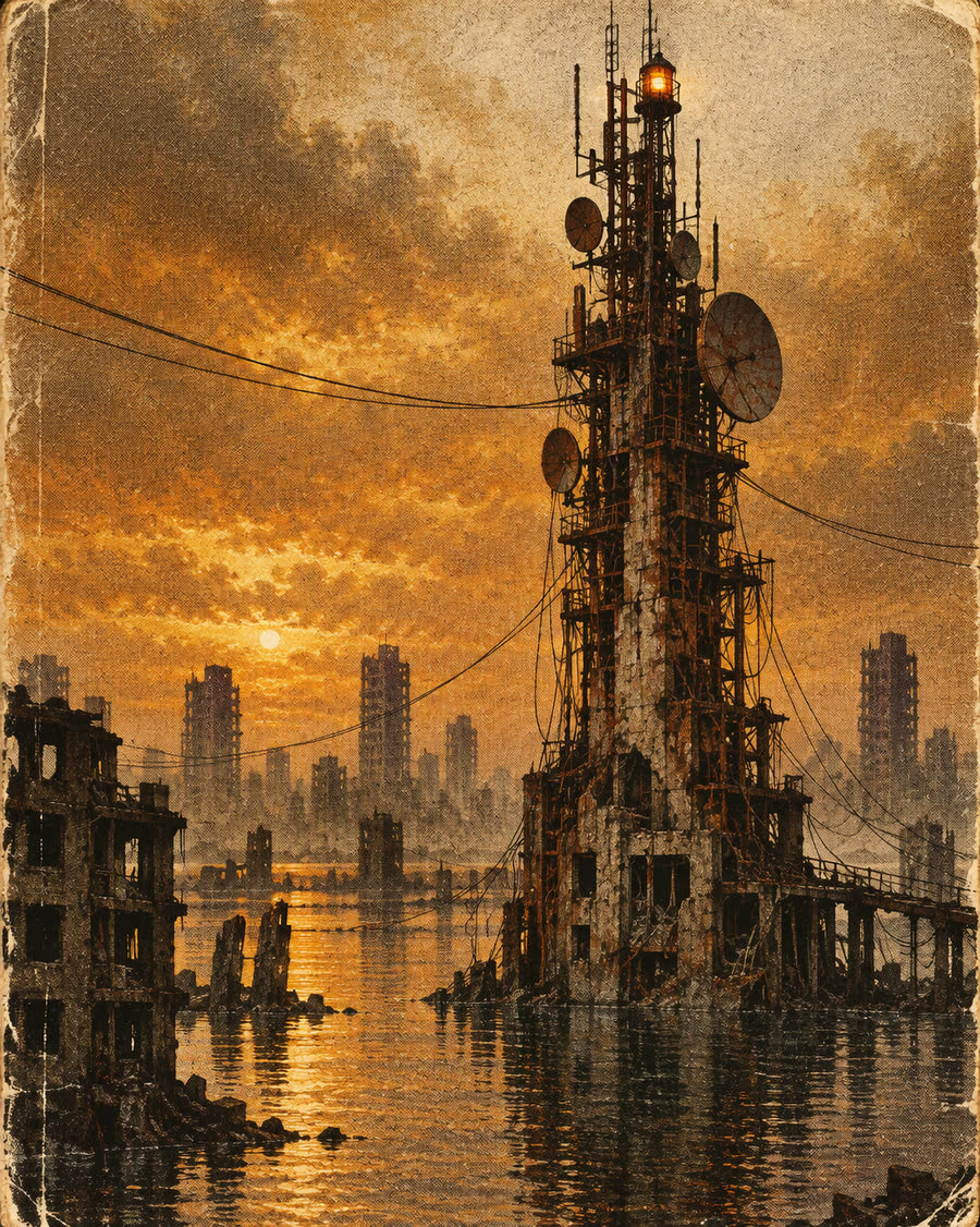 A rusted communications tower above a broken, flooded city at dusk.