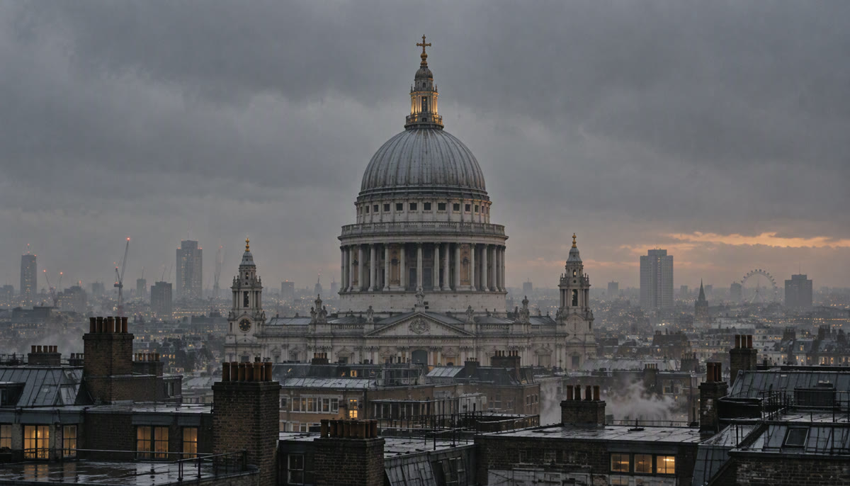 St Paul's Cathedral dome under an overcast London sky.