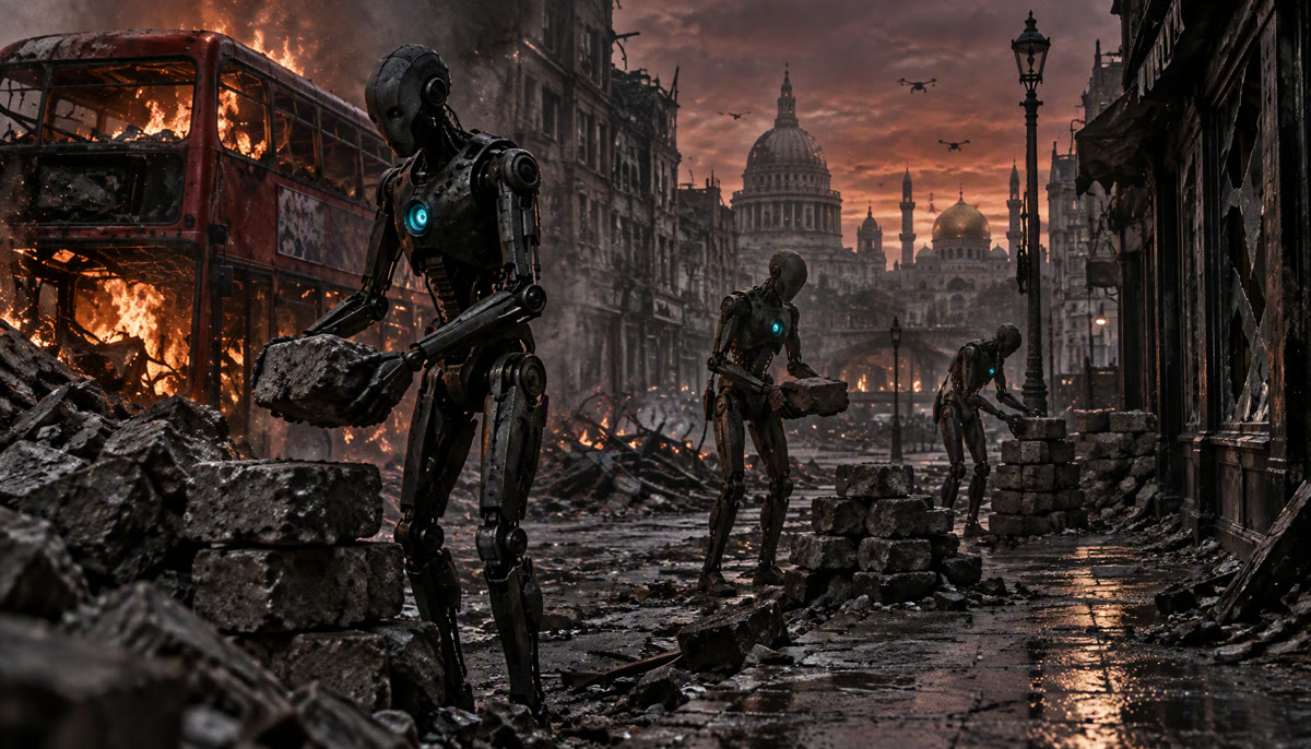 Tall humanoid machines stacking rubble in a destroyed street.